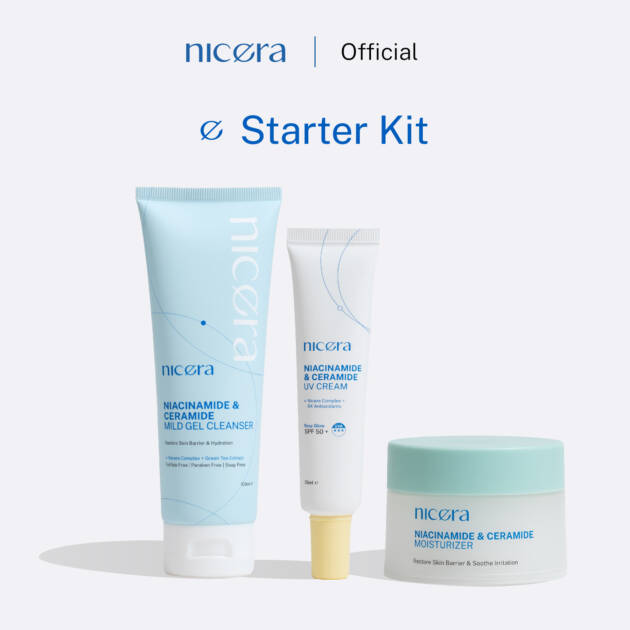 Nicera Starter Kit Set - Niacinamide & Ceramide Mild Gel Cleanser 100ml + Moisturizer 50ml + UV Cream 35ml gentle cleanser